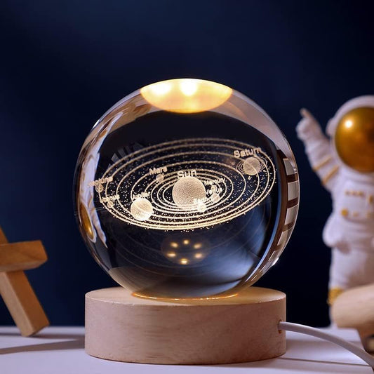 3D Galaxy Crystal Ball Night Lamp, Solar System, USB Colorful LED Wooden Crystal Ball for Home Decor, Birthday Gift (Solar System)