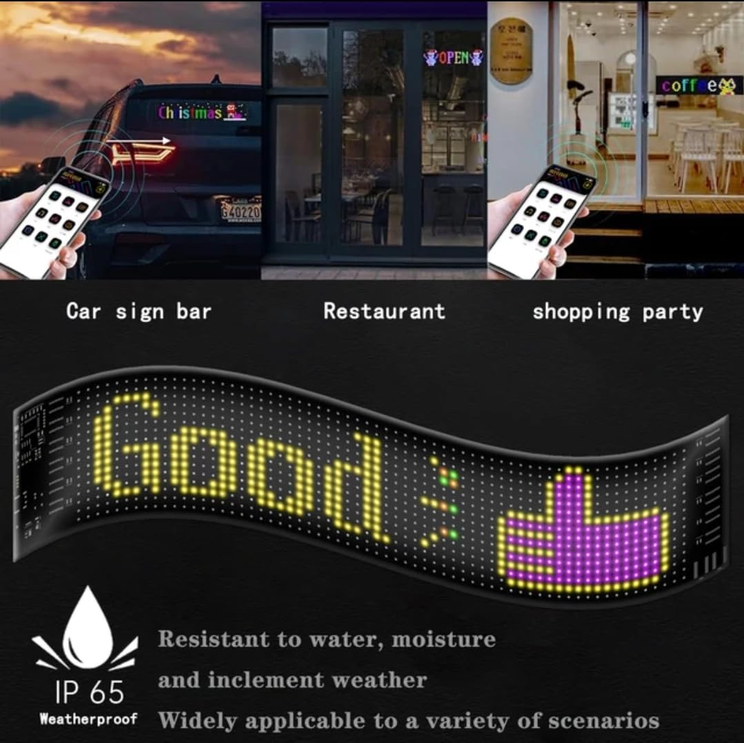 LED Matrix Panel 14 × 4 inch LED Customizable Sign Car Bluetooth App LED Matrix Pixel Panel Night Light DIY Programmable Flexible IP 65 Waterproof LED Display for Car, Shop, Hotel & Bar 20*64 pixels