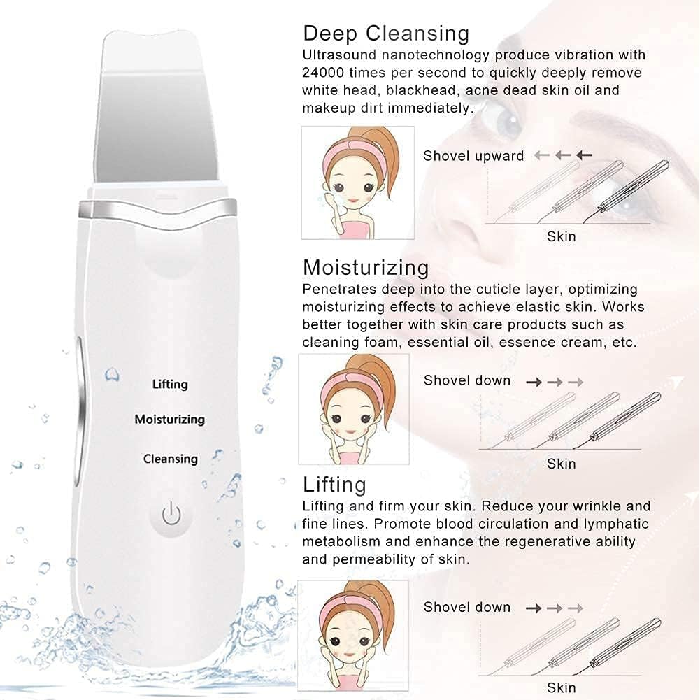 Ultrasonic Facial Skin Scrubber for Wet Skin, Blackheads Remover and Facial Pores Cleaner with 4 Modes, Facial Scrubber Stainless Steel Spatula Safe for Skin (White)