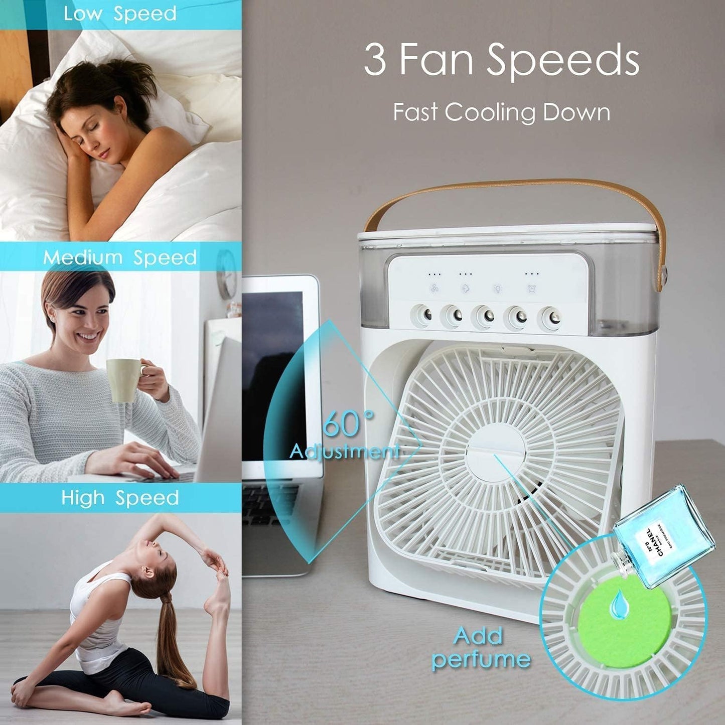 Portable Mini Air Cooler | 3-in-1 AC Fan with LED Lights, Timer & Mist Modes – Perfect for Home, Office & Travel