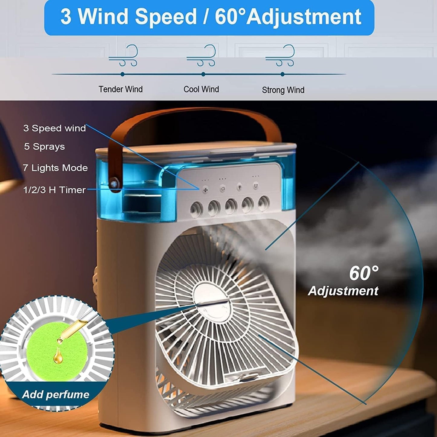 Portable Mini Air Cooler | 3-in-1 AC Fan with LED Lights, Timer & Mist Modes – Perfect for Home, Office & Travel